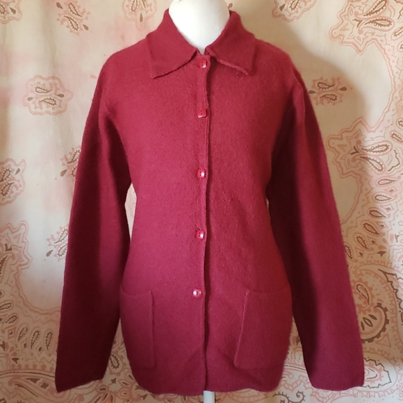 Red Wool Sweater. Wool Cardigan. Red Buttons Warm - Picture 2 of 8